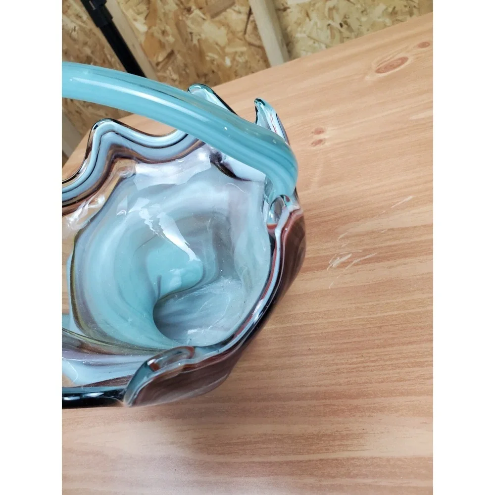 Vintage Hand Blown Art Glass Dish Bowl Swirling Red /Blue Brown Compote W/Handle